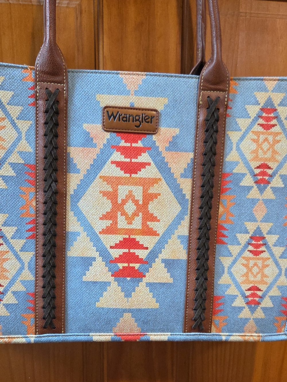 Wrangler Aztec Pattern Tote Bag in Light Blue and Brown - Picture 2 of 6